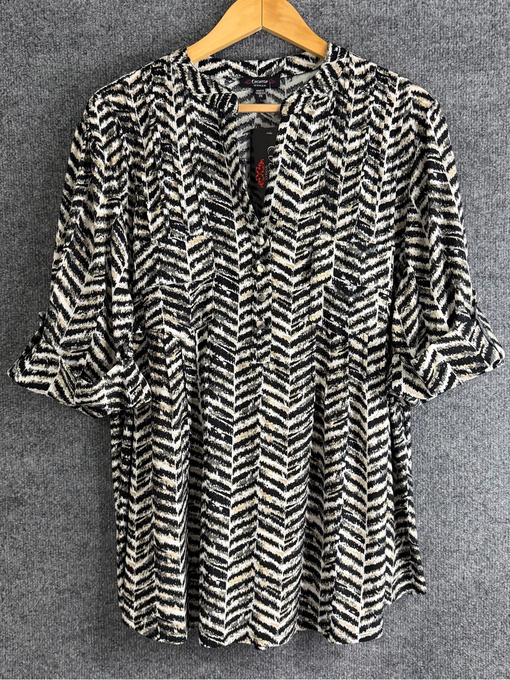 Cocomo Womens 2X Chevron Print Top Elbow Roll Tab Sleeve Office Casual Stretch